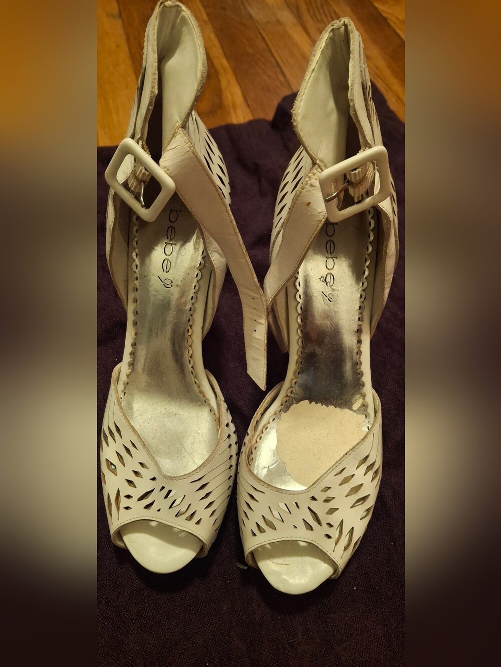 bebe Ivory Cutout Peep-Toe Heels with Ankle Buckle